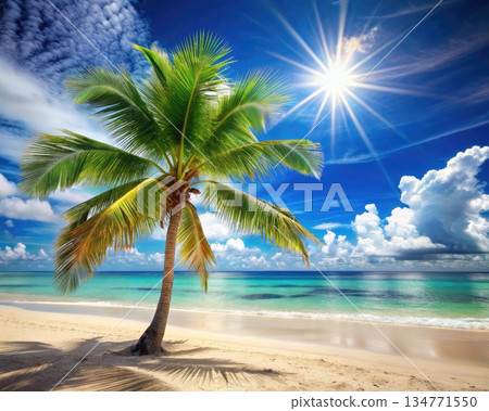 Sunny Day on a Tropical Beach With Palm Tree and Blue Sky. Generative AI 134771550