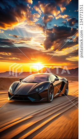 Black Luxury Sports Car Driving Through Desert at Sunset. Generative AI Black Luxury Sports Car Driving Through Desert at Sunset. Generative AI 134771551