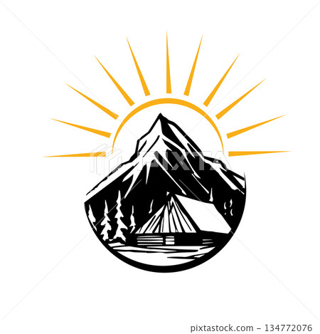 Mountain and sun logo . Hand drawn. Not AI, vector illustration. 134772076