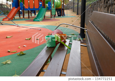 Playground With Toys On Bench Near Colorful Play Structure, Leaves Scattered On Ground 134772251