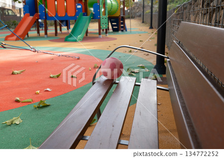Colorful Playground Scene With Pink Ball Resting On Wooden Bench In A Park Colorful Playground Scene With Pink Ball Resting On Wooden Bench In A Park 134772252