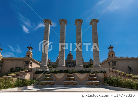 Four Columns of Montjuic with Palau Nacional in Barcelona, Spain 134772320