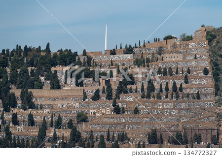 Montjuic Cemetery terraced columbarium on hillside, Barcelona, Spain 134772327