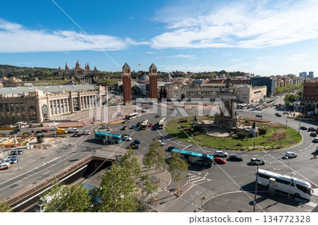 Panoramic view of Placa de Espanya in Barcelona with Venetian Towers and Palau Nacional Panoramic view of Placa de Espanya in Barcelona with Venetian Towers and Palau Nacional 134772328