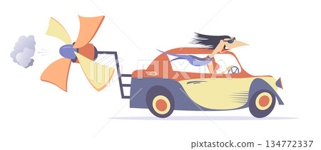 Woman rides a car with propeller. Ecologically clean transport.Smiling young woman rides on an ecologically clean urban vehicle tries to ride faster using a propeller. Isolated on white background Woman rides a car with propeller. Ecologically clean transport.Smiling young woman rides on an ecologically clean urban vehicle tries to ride faster using a propeller. Isolated on white background 134772337