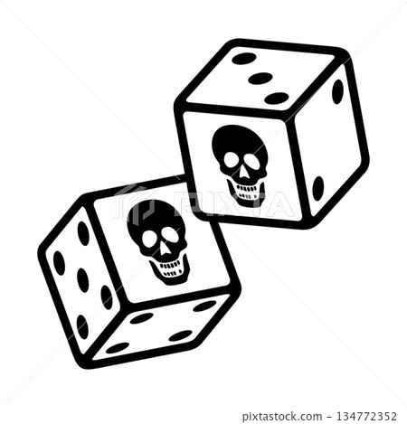 Two white dice with skulls and dots. Skull dice, where the face for one dot is replaced with a deaths head. Throwable objects, to generate random values. Isolated black and white illustration. Vector 134772352