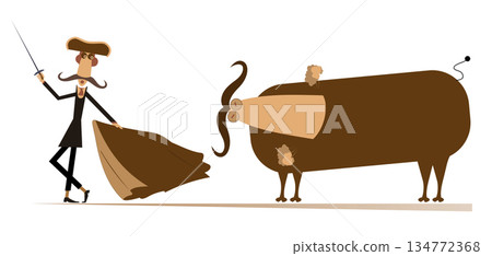 Cartoon bullfighter and the angry bull. Cartoon long mustache bullfighter with a sword and matador cape stays in front of the angry bull. Isolated on white background Cartoon bullfighter and the angry bull. Cartoon long mustache bullfighter with a sword and matador cape stays in front of the angry bull. Isolated on white background 134772368