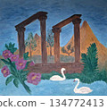 landscape with a beautiful ancients columns, gardens and two swans, flowers 134772413
