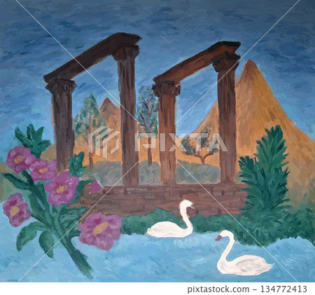 landscape with a beautiful ancients columns, gardens and two swans, flowers landscape with a beautiful ancients columns, gardens and two swans, flowers 134772413