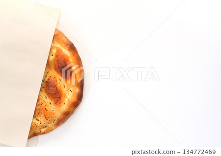 Slices of Ramadan Pita (Ramazan Pidesi) Traditional Turkish bread for holy month Ramadan on white background Slices of Ramadan Pita (Ramazan Pidesi) Traditional Turkish bread for holy month Ramadan on white background 134772469