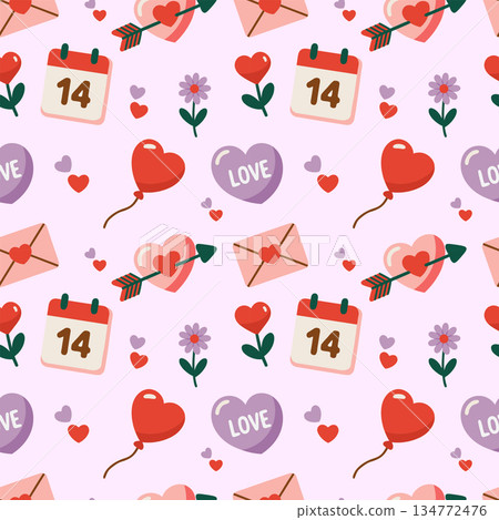 Seamless vector pattern of classic valentine's day elements like hearts, arrows, roses, love letters in romantic red and pink Seamless vector pattern of classic valentine's day elements like hearts, arrows, roses, love letters in romantic red and pink 134772476