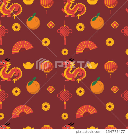 Seamless vector pattern with chinese new year elements: lanterns, gold coins, oranges, dragon, for festive backgrounds Seamless vector pattern with chinese new year elements: lanterns, gold coins, oranges, dragon, for festive backgrounds 134772477