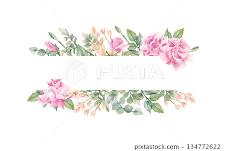 Elegant watercolor floral frame, pink rose, beige freesia, leaves with empty horizontal template. Pastel flower composition isolated from background. Illustration border for your text design, card Elegant watercolor floral frame, pink rose, beige freesia, leaves with empty horizontal template. Pastel flower composition isolated from background. Illustration border for your text design, card 134772622