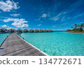 Panoramic view of luxury water villas and tropical beach framed by palm leaves, Maldives 134772671