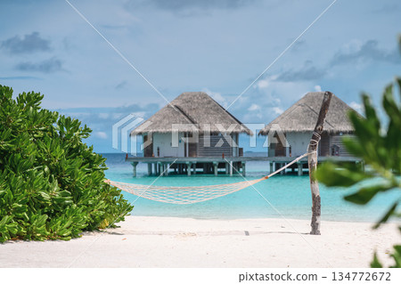 Panoramic view of luxury water villas and tropical beach framed by palm leaves, Maldives 134772672