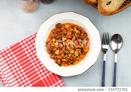 Traditional delicious Turkish food; Kidney beans with olive oil, Red kidney bean stew, Turkish name; Barbunya pilaki Traditional delicious Turkish food; Kidney beans with olive oil, Red kidney bean stew, Turkish name; Barbunya pilaki 134772701