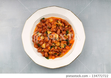 Traditional delicious Turkish food; Kidney beans with olive oil, Red kidney bean stew, Turkish name; Barbunya pilaki 134772722