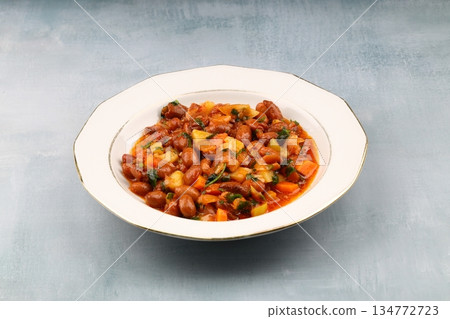 Traditional delicious Turkish food; Kidney beans with olive oil, Red kidney bean stew, Turkish name; Barbunya pilaki 134772723