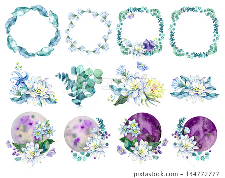 Elegant watercolor illustration set with moon flowers, eucalyptus foliage, crystals and decorative frames. Hand painted botanical compositions designed for branding, wedding design, stationery 134772777