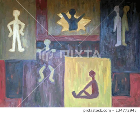 Abstract human figures in different poses on abstract squares or rectangles. Modern art illustration featuring colorful silhouettes. 134772945