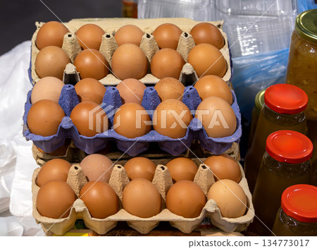 Chicken eggs sold in market 134773017