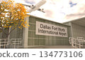 Dallas Fort Worth International Airport sign on terminal building with autumn tree and airplane, Dallas Fort Worth, United States 3D rendering 134773106