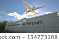 Departures at Incheon International Airport with airplane leaving overhead, Seoul, South Korea 3D rendering 134773108