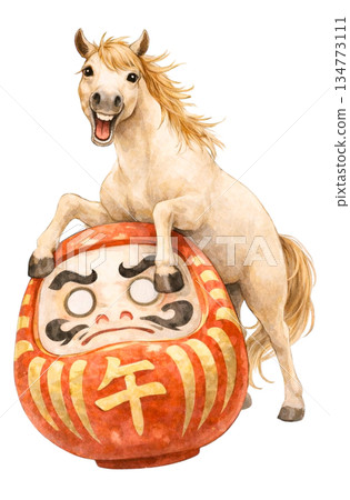 日式插畫,十二生肖馬騎在達摩不倒翁上。新年吉祥物。透明材質(無眼睛)。 日式插畫,十二生肖馬騎在達摩不倒翁上。新年吉祥物。透明材質(無眼睛)。 134773111