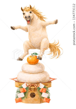 十二生肖馬躍上鏡餅 日本新年插畫 透明材質 134773112