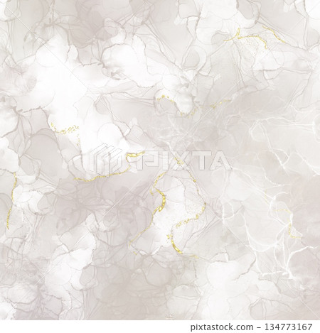 Greige alcohol ink abstract background with gold accents on a white background 134773167