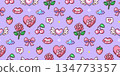 Seamless pixel art Valentines Day pattern with hearts, roses, bows, lips, cherries on the lavender background. Perfect for gift wrap, textiles, wallpapers, stationery, stickers and cute Y2K designs. 134773357