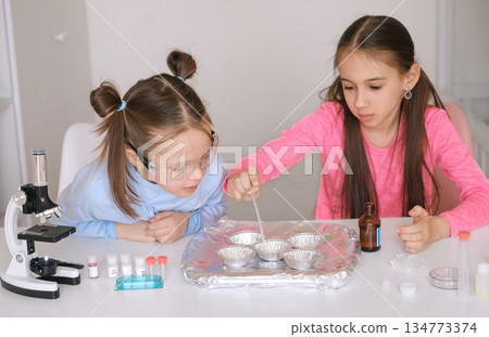 The children do their chemistry homework, experiment with liquids and reagents. 134773374