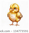 Watercolor Illustration of a Small Yellow Chick Standing on Its Feet in a Bright Setting 134773591