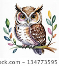 Watercolor Illustration of an Owl Sitting on a Branch With Colorful Leaves 134773595