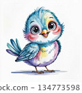Watercolor Illustration of a Colorful Bird With Big Eyes Standing on a White Background 134773598