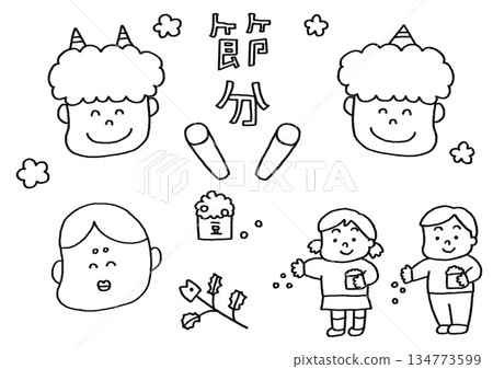 一組兒童向節分、惡魔等丟豆子的線條畫。 134773599