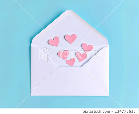 White sheet of paper for text. Post envelope with cute red hearts decoration. Valentine's Day concept. 134773635