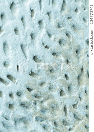 A blue wall with a white base. The wall has a textured surface with many small holes and indentations. 134773741