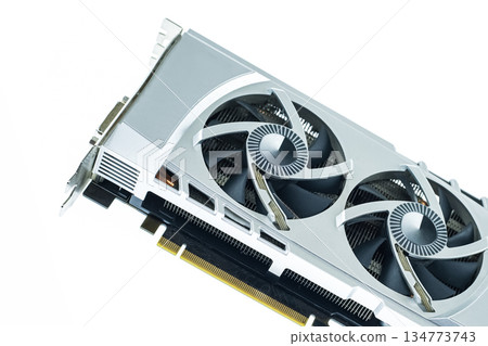Large computer graphics card on white background. Computer component for displaying images. 134773743