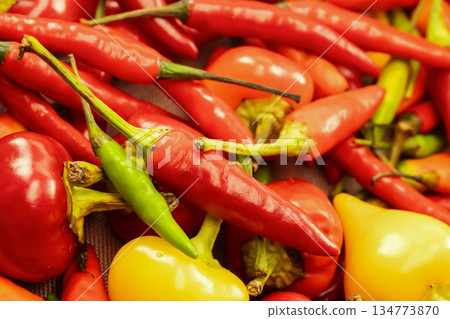 The peppers are of different sizes and colors, creating a vibrant and colorful display. Concept of abundance and variety 134773870