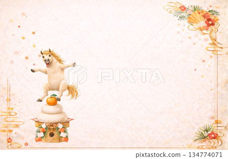 新年賀卡插圖，描繪了一匹馬躍上鏡餅（年糕）的場景，日式新年背景 134774071