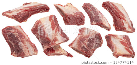 Raw beef rib pieces isolated on white background, fresh meat cuts ideal for soup, broth, stew, butcher packaging and meat advertising, full depth of field 134774114