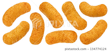 Crispy corn sticks snack, crunchy texture with salted coating isolated on white background, full depth of field Crispy corn sticks snack, crunchy texture with salted coating isolated on white background, full depth of field 134774124