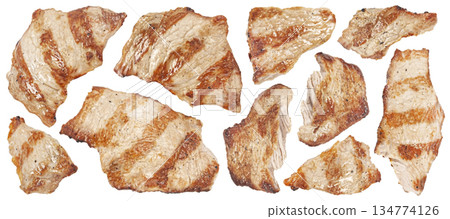 Grilled chicken meat pieces isolated on white background with clipping path, full depth of field 134774126