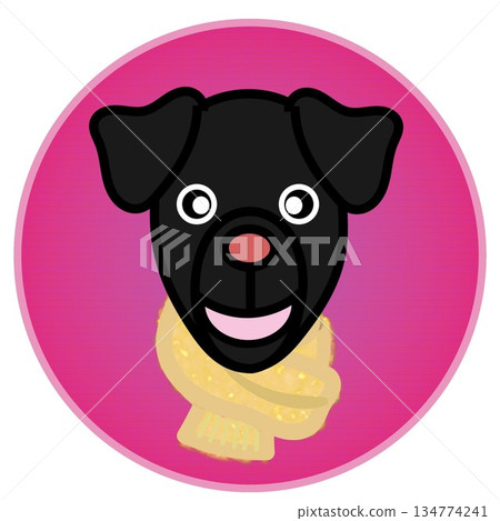Illustration of a dog's face wearing a scarf with a circular background Illustration of a dog's face wearing a scarf with a circular background 134774241