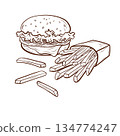 Burger and french fries. Vector illustration in outline and engraving styles. Fast food set. Suitable for menus, packaging, posters, and advertising for cafes and restaurants. 134774247