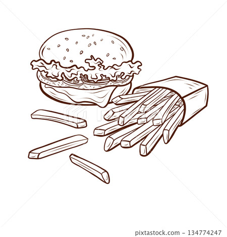 Burger and french fries. Vector illustration in outline and engraving styles. Fast food set. Suitable for menus, packaging, posters, and advertising for cafes and restaurants. Burger and french fries. Vector illustration in outline and engraving styles. Fast food set. Suitable for menus, packaging, posters, and advertising for cafes and restaurants. 134774247