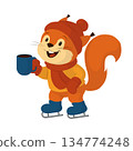 A cute squirrel wearing a red scarf and ice skates holding a mug of hot drink. Illustration in a flat vector style. The character is suitable for posters, postcards, skating rink advertisements, and 134774248