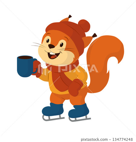 A cute squirrel wearing a red scarf and ice skates holding a mug of hot drink. Illustration in a flat vector style. The character is suitable for posters, postcards, skating rink advertisements, and 134774248