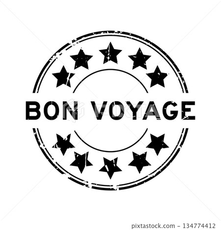 Grunge black word bon voyage with star icon round rubber seal stamp on white background 134774412